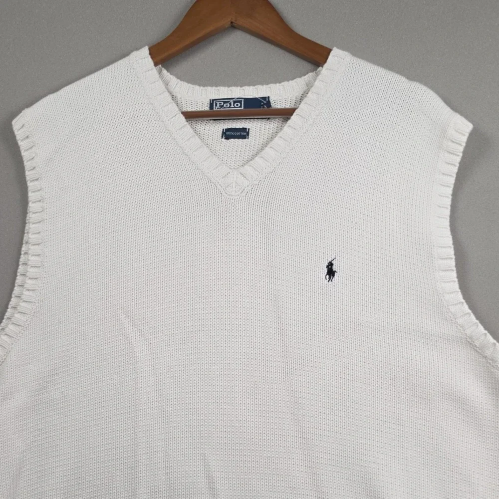 Polo Ralph Lauren Sweater Vest Men XL White V-Neck 100% Cotton Pony Logo Classic